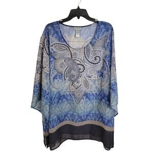 Catherines Blue Paisley Sheer Summer Beach Cover-Up Top Women's Plus Size 3X‎